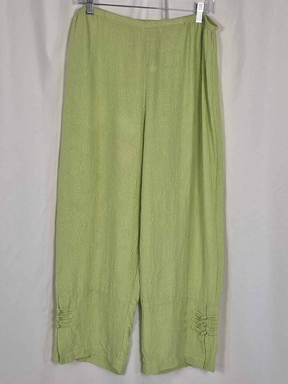 Citron Santa Monica Chartruese Silk Cropped Wide Leg Frog Button Pants - Size L